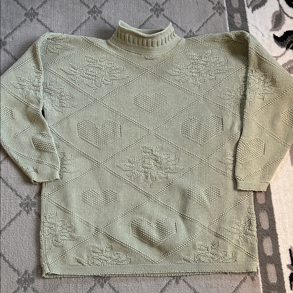 Vintage Weathervane Green Oversized Textured Knit Mock Neck Sweater